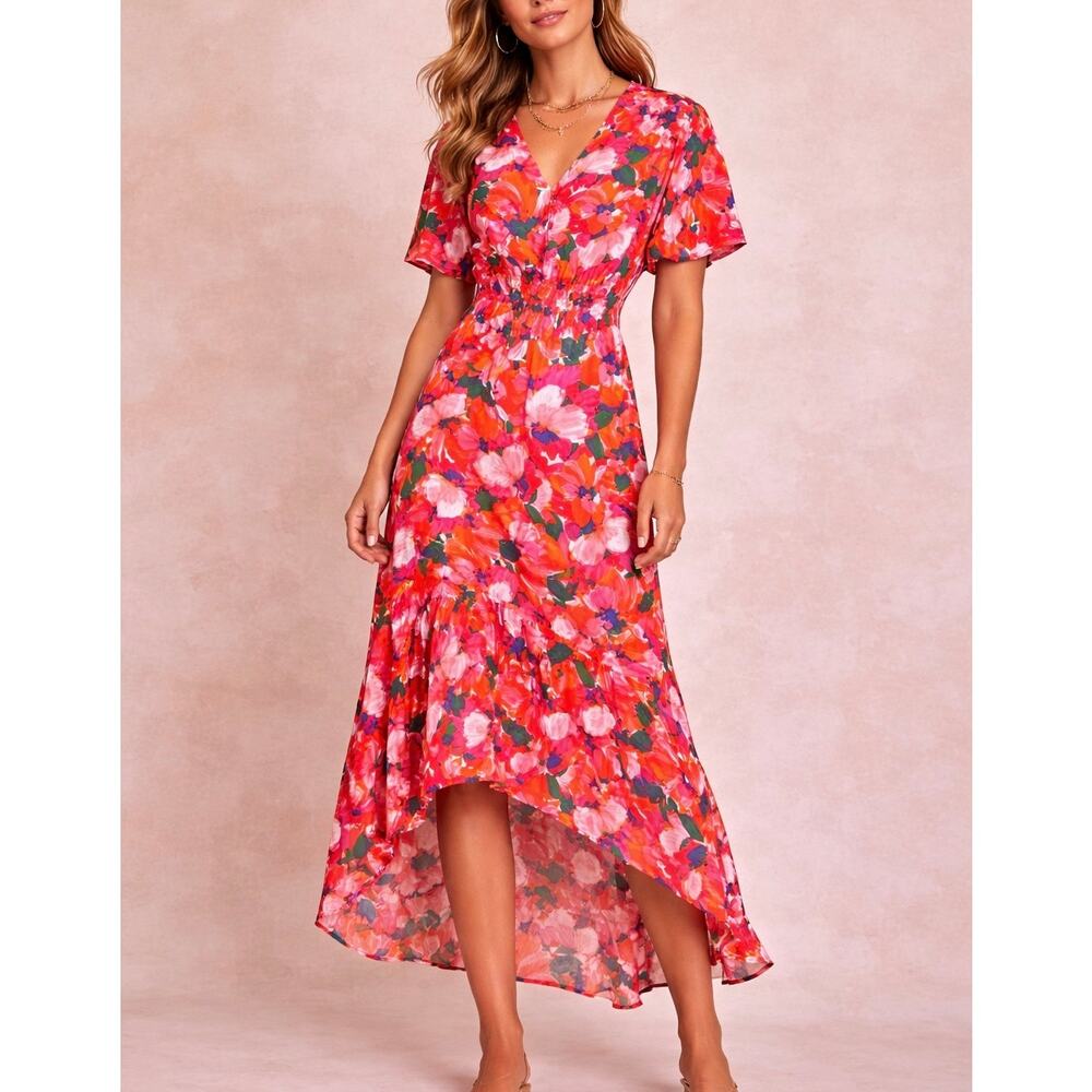 Abel The Label Anthropologie Floral HighLow Midi Dress Flowy Smocked Waist Sz M